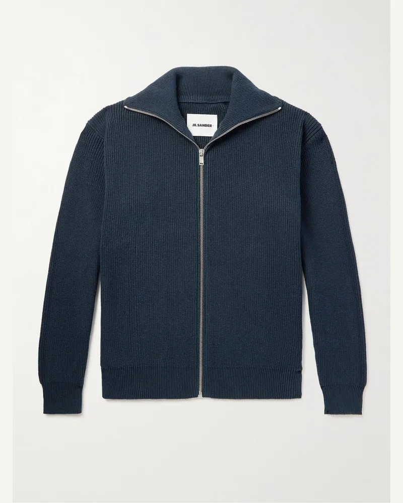 Jil Sander Cardigan aus Baumwolle in Rippstrick mit Reißverschluss Blau