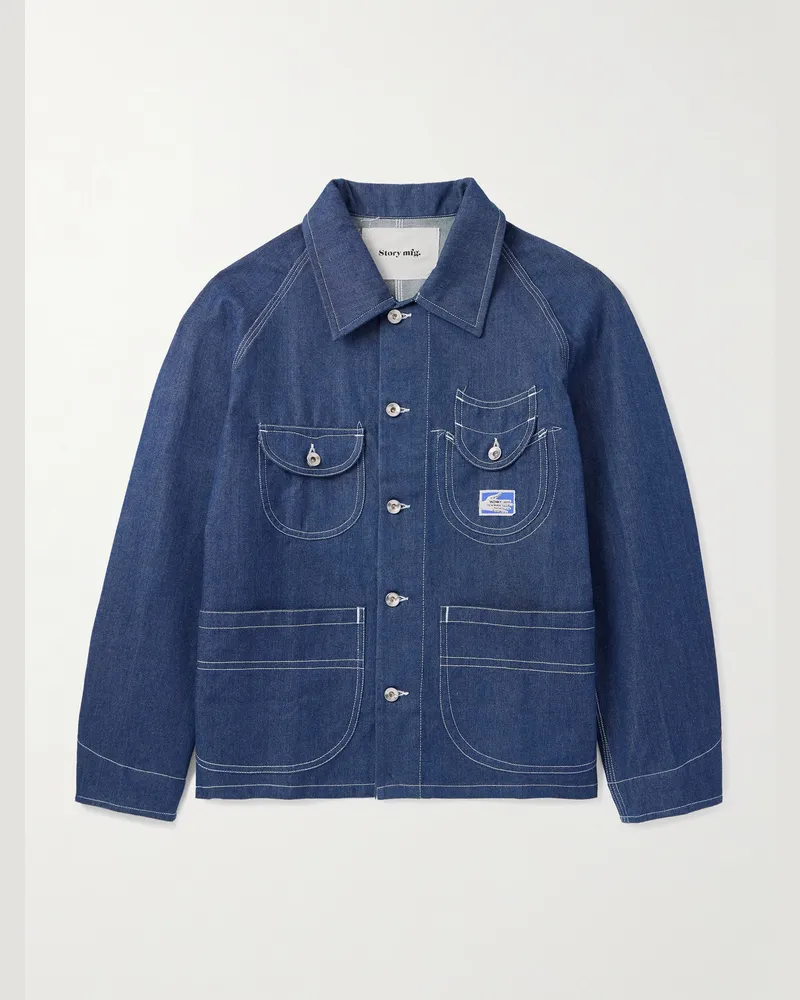 STORY mfg. Wonky-Wear Circuit Jacke aus Bio-Denim in Indigo-Färbung Blau
