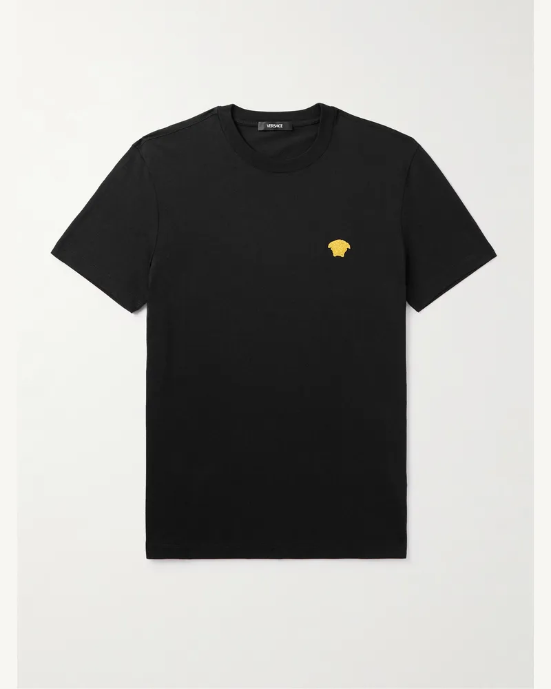 Versace Slim-Fit Logo-Embroidered Cotton-Jersey T-Shirt Black