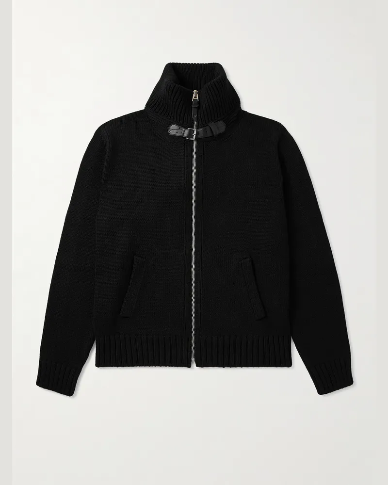 Tom Ford Bomberjacke aus Merinowolle in Rippstrick mit Lederbesatz Schwarz