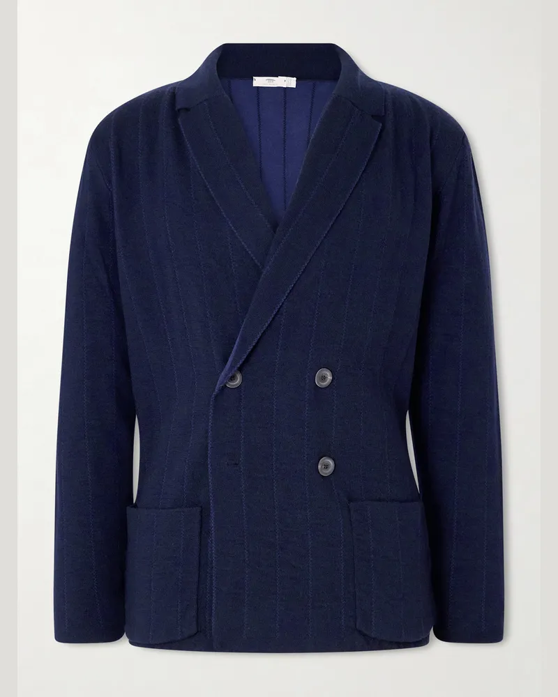 Inis Meáin Double-Breasted Striped Wool, Cashmere and Cotton-Blend Blazer Blue