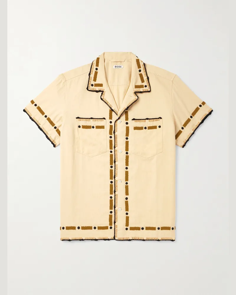 BODE Ryegrass Camp-Collar Embellished Cotton-Twill Shirt Brown