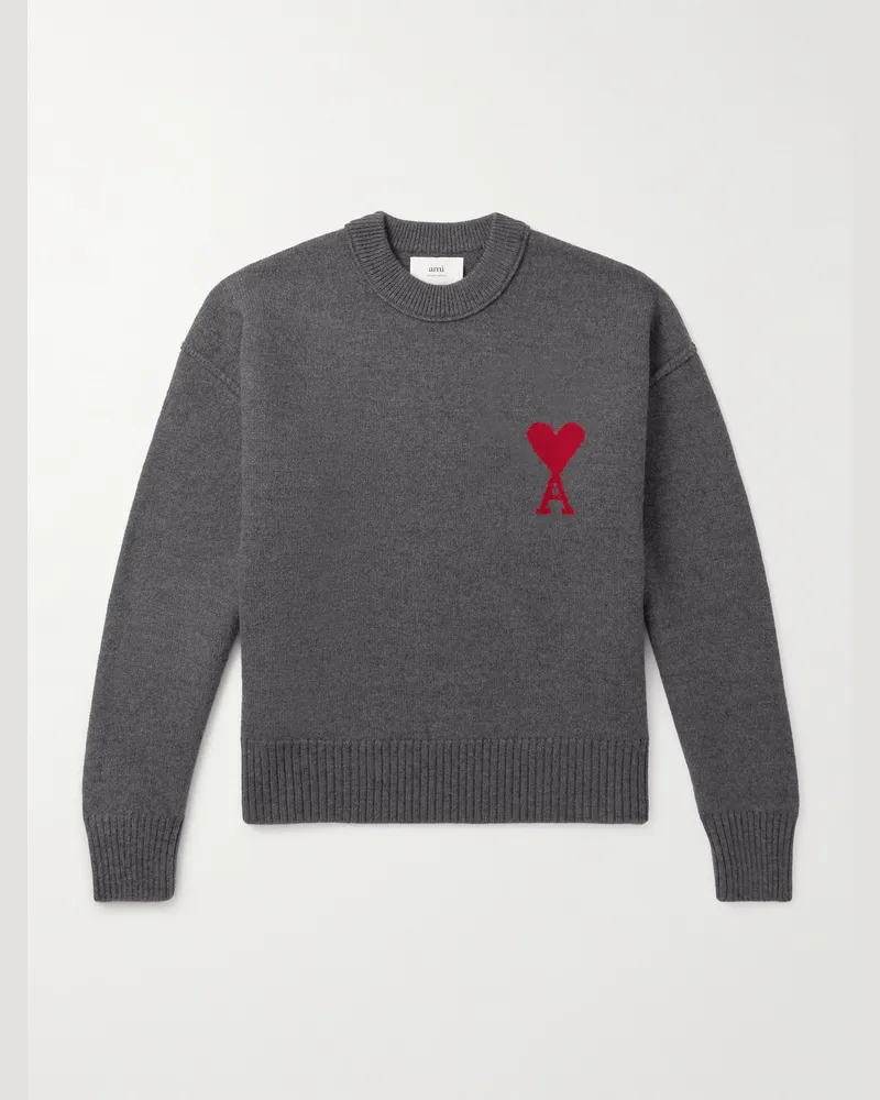 AMI Paris ADC Logo-Intarsia Virgin Wool Sweater Gray