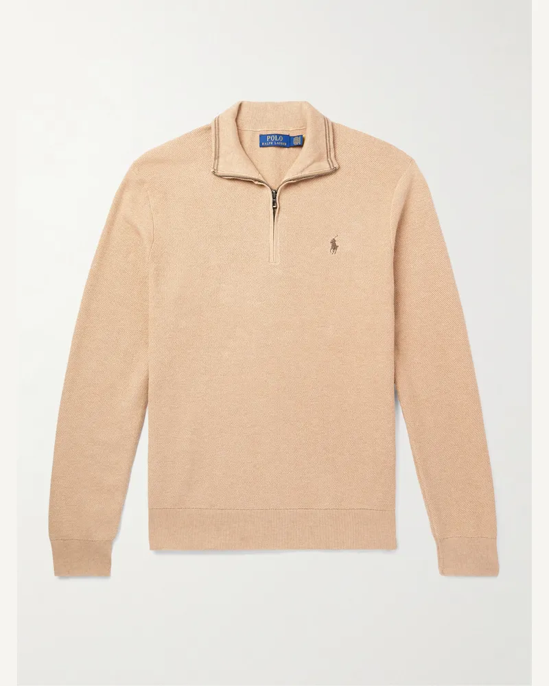 Ralph Lauren Logo-Embroidered Honeycomb-Knit Cotton Half-Zip Sweater Neutrals