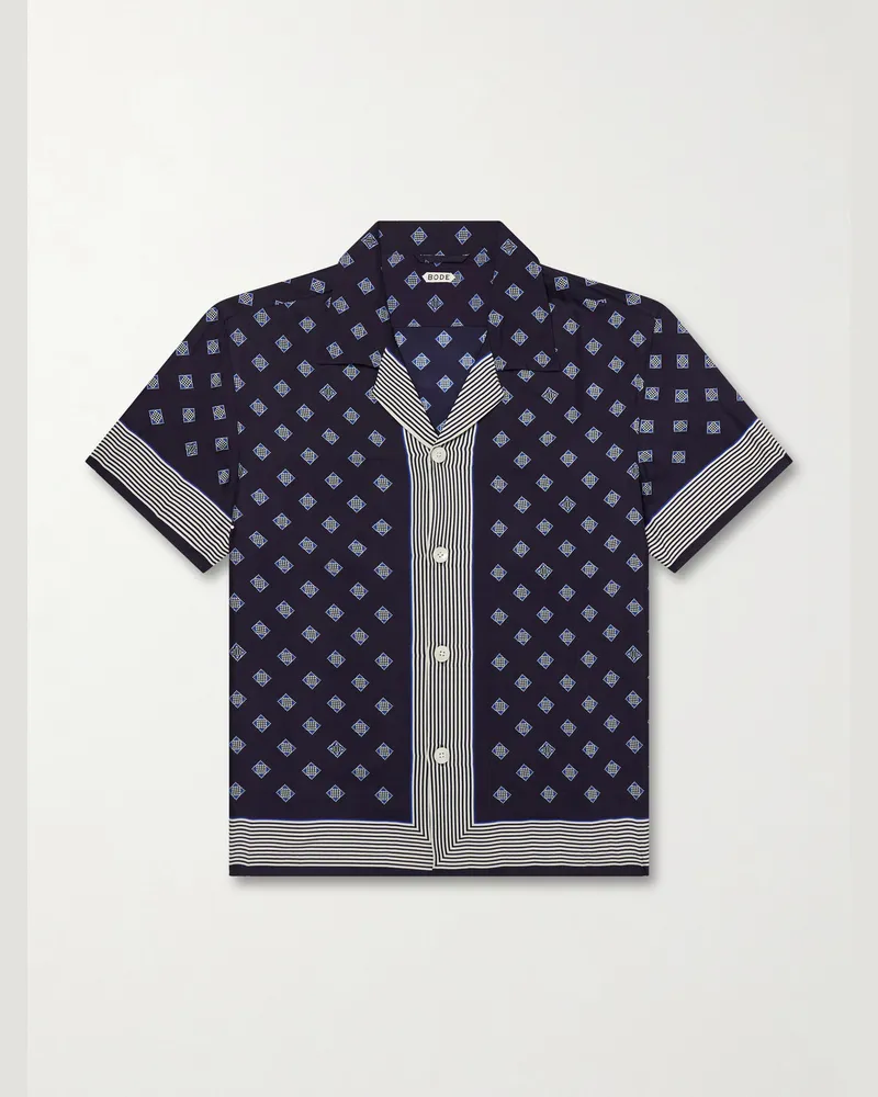 BODE Camp-Collar Printed Silk-Voile Shirt Blue