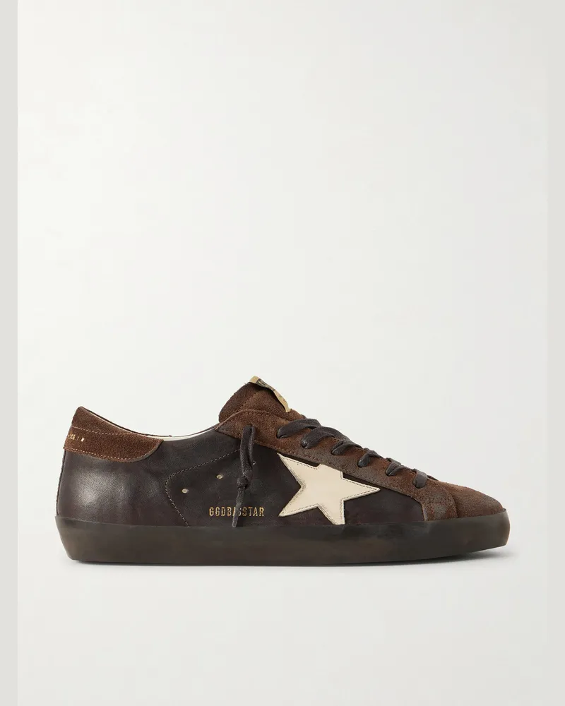 Golden Goose Super-Star Distressed Suede-Trimmed Leather Sneakers Brown