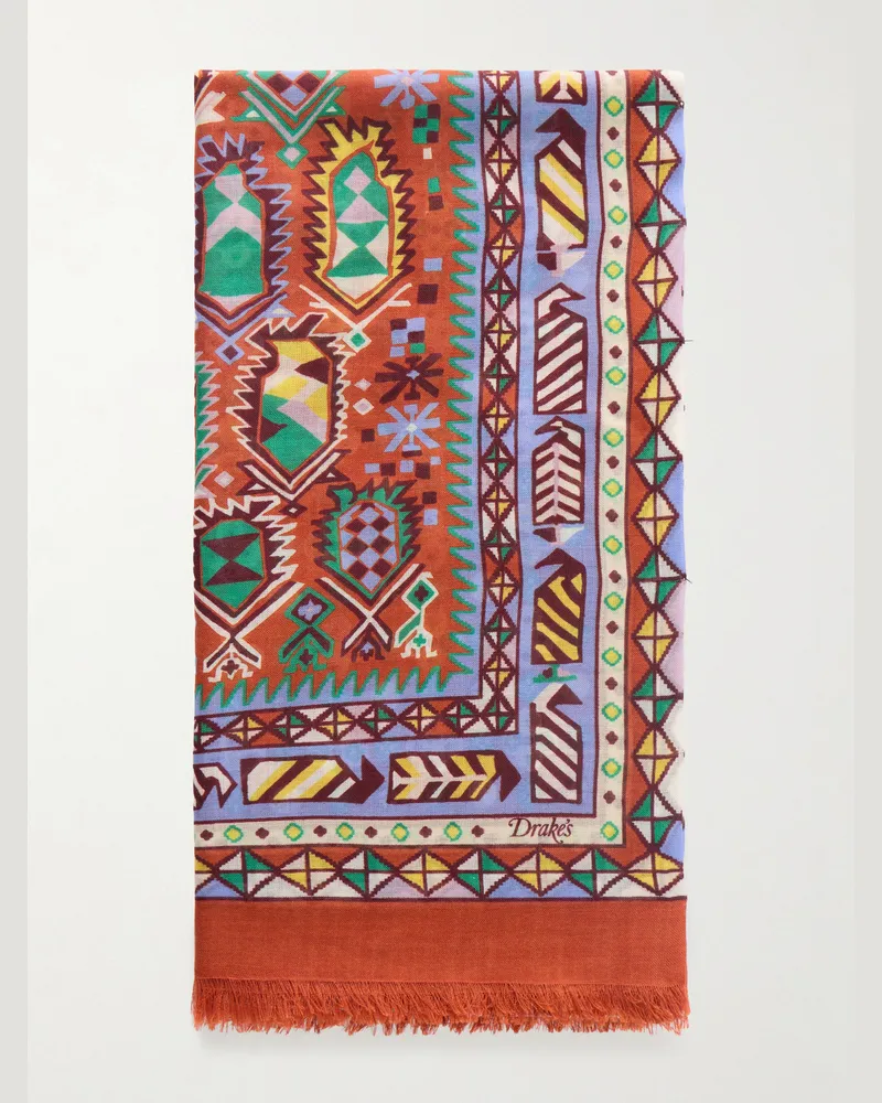 Drake's Printed Wool and Silk-Blend Scarf Brown