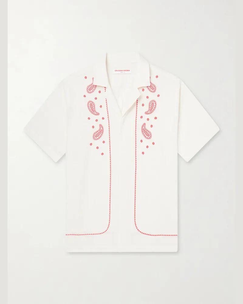 Orlebar Brown Maitan Camp-Collar Embroidered Cotton Shirt Neutrals