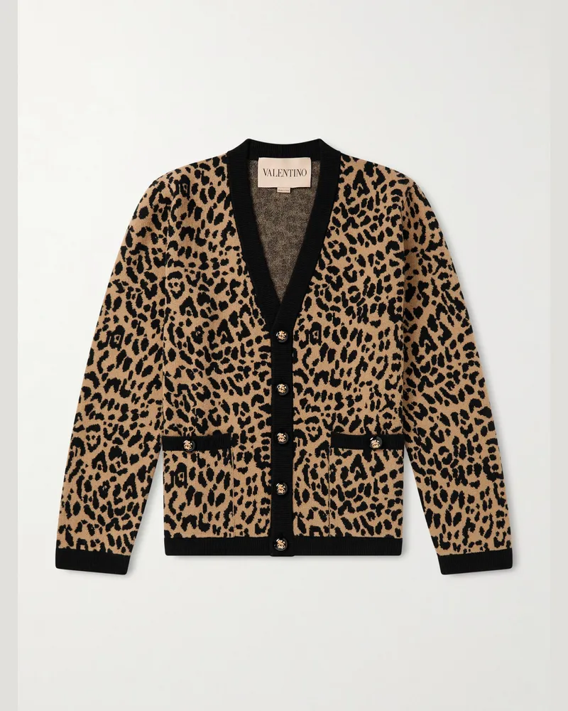 Valentino Garavani Cardigan aus Woll-Jacquard-Strick mit Leopardenmuster Braun