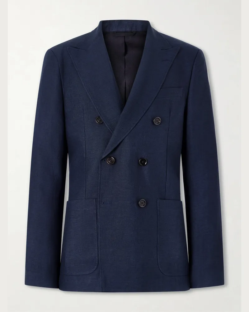 Oliver Spencer Double-Breasted Linen, Virgin Wool and Cotton-Blend Suit Jacket Blue