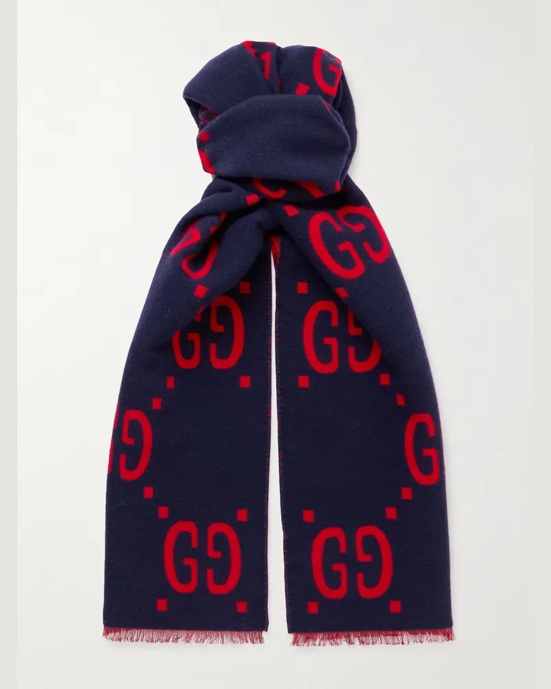 Gucci Schal aus Jacquard aus einer Woll-Seidenmischung mit Fransen und Logomuster Blau