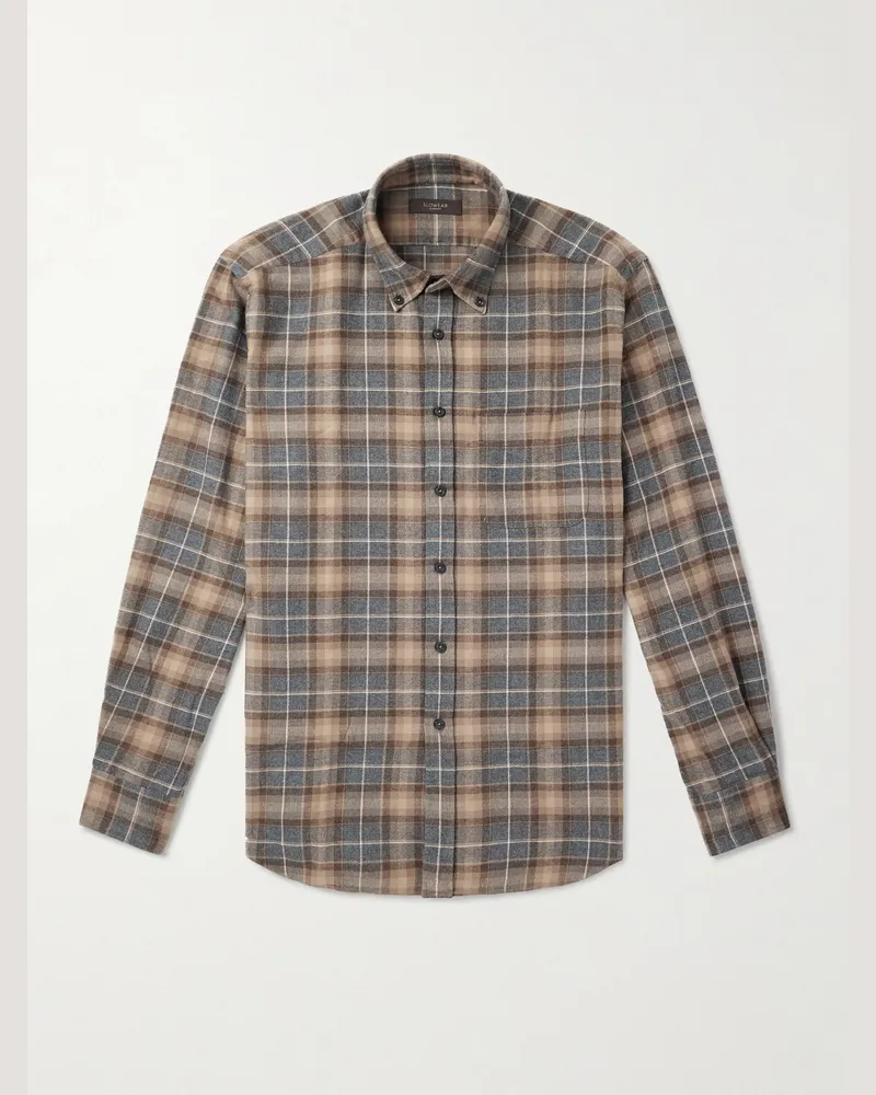 Incotex Hemd aus kariertem Baumwollflanell mit Button-Down-Kragen Blau