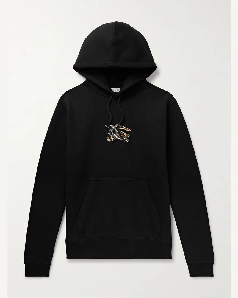 Burberry Logo-Embroidered Appliquéd Cotton-Jersey Hoodie Black