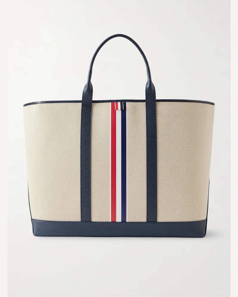 Thom Browne Full-Grain Leather-Trimmed Cotton-Canvas Tote Bag Neutrals