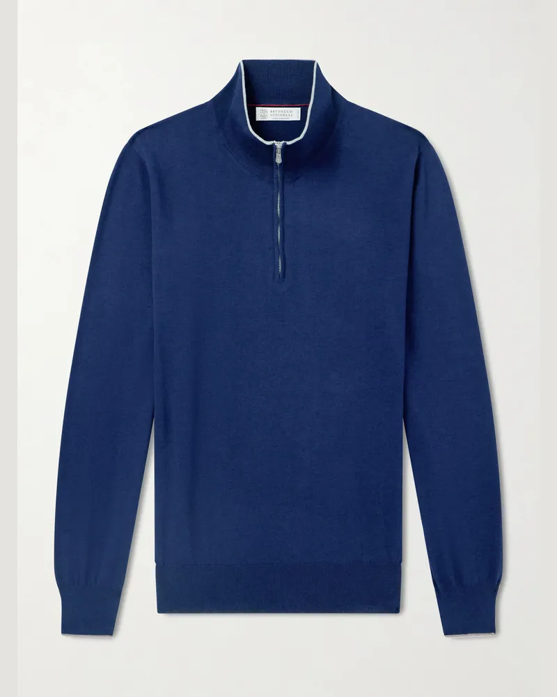 Brunello Cucinelli Cotton and Cashmere-Blend Half-Zip Sweater Blue