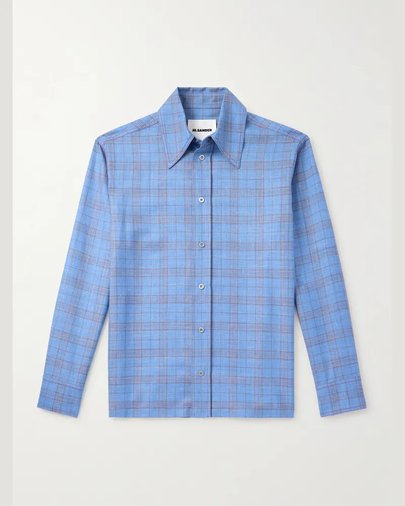 Jil Sander Kariertes Hemd aus einer Woll-Leinenmischung Blau