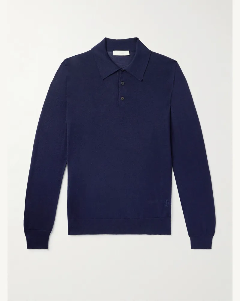 PURDEY Pullover aus Merinowolle mit Logostickerei und Polokragen Blau