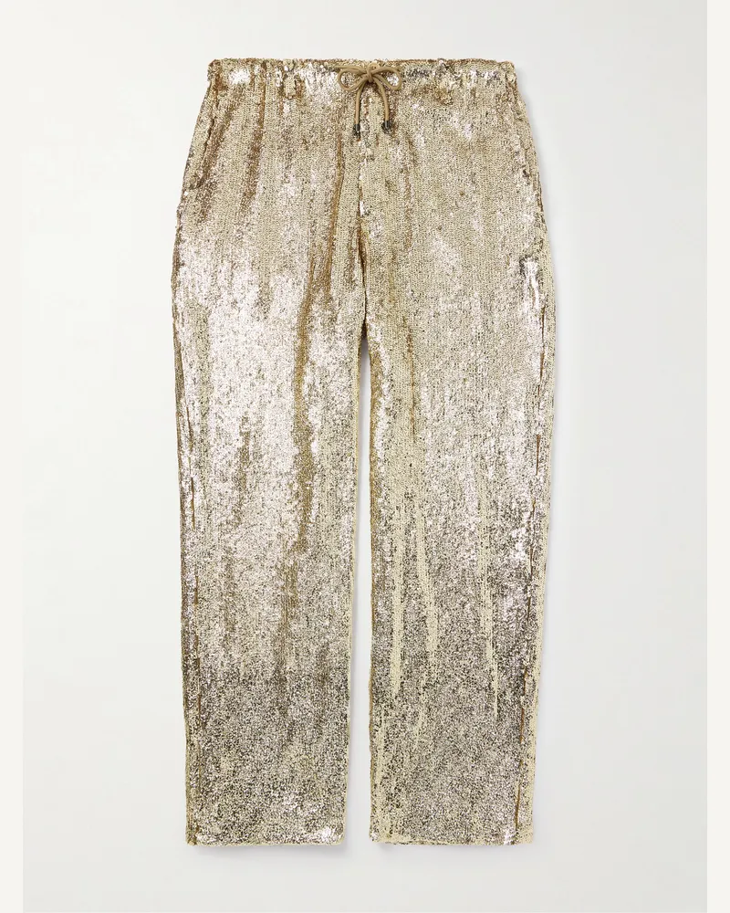 Dries van Noten Wide-Leg Sequinned Crepe Drawstring Trousers Gold