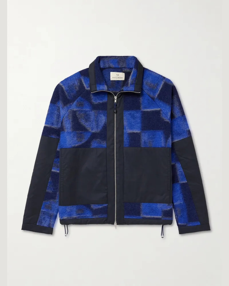 Folk Signal Jacke aus bedrucktem Fleece aus einer Wollmischung mit Shell-Besatz Blau