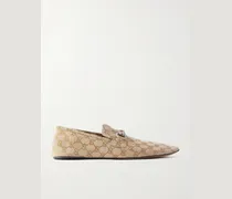 Horsebit-Embellished Distressed Monogrammed Canvas Loafers