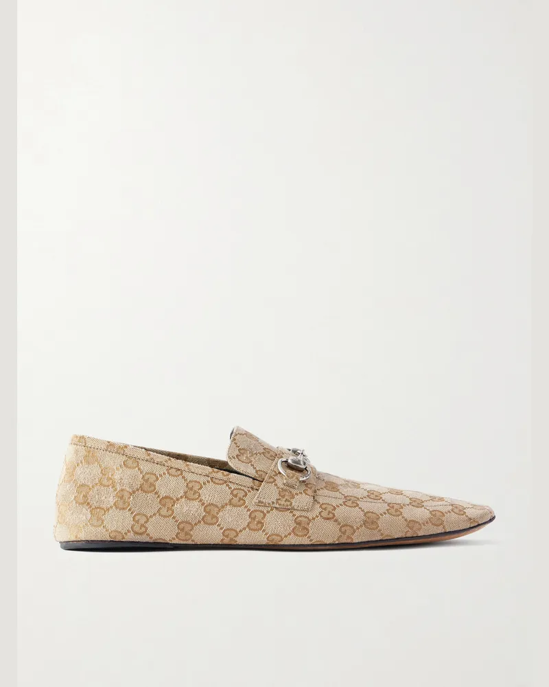 Gucci Horsebit-Embellished Distressed Monogrammed Canvas Loafers Neutrals
