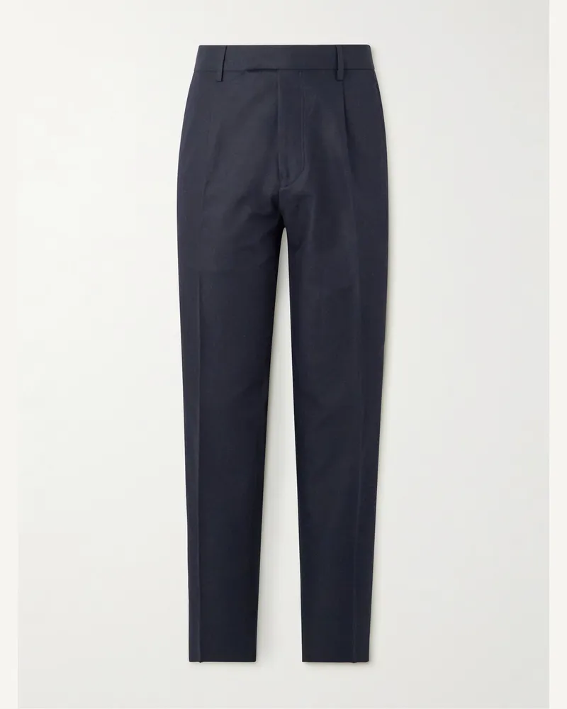 Ermenegildo Zegna Schmal zulaufende Hose aus Twill aus einer Baumwoll-Leinenmischung mit Falten Blau