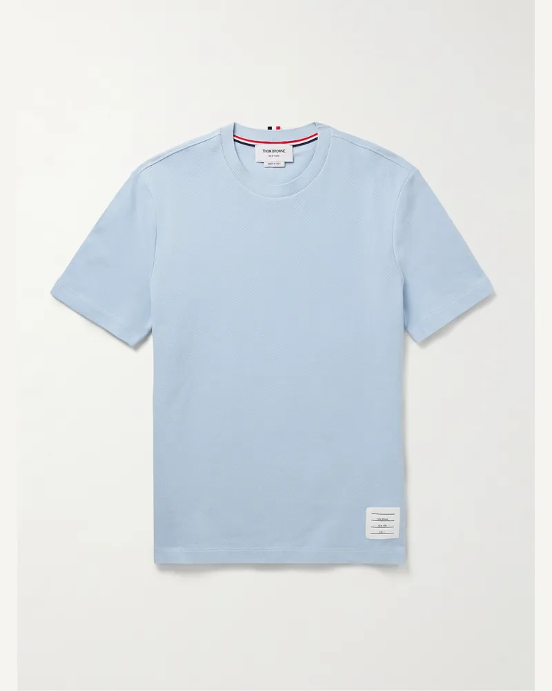Thom Browne T-Shirt aus Baumwoll-Piqué mit Logoapplikation und Streifen Blau