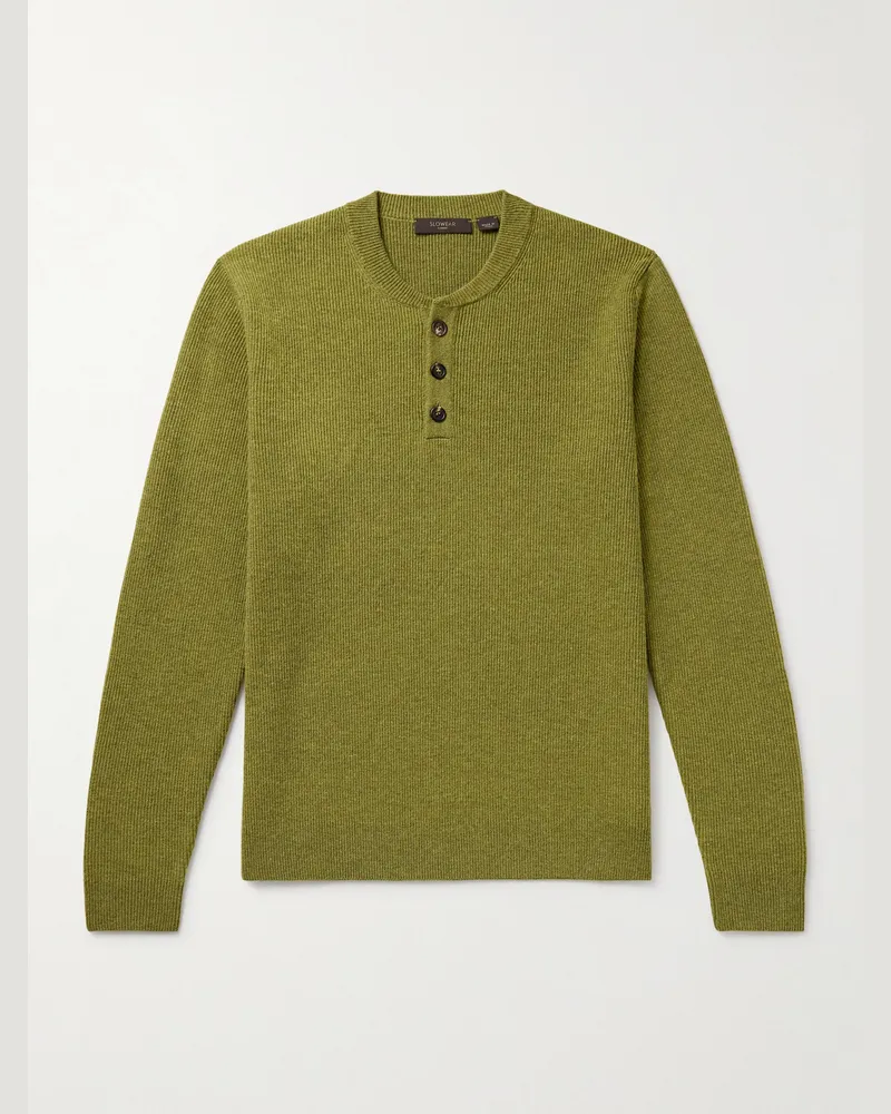 Slowear Incotex Zanone Slim-Fit Ribbed Virgin Wool Henley Sweater Green