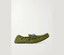 Horsebit-Embellished Webbing-Trimmed Suede Loafers