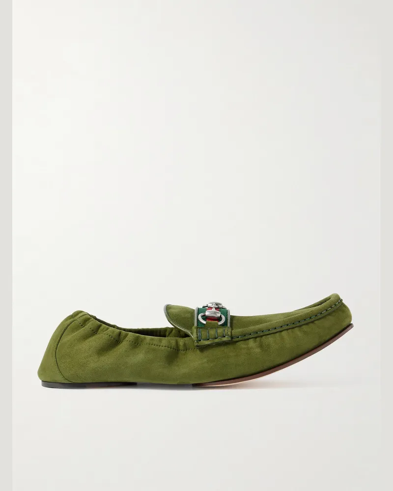 Gucci Horsebit-Embellished Webbing-Trimmed Suede Loafers Green