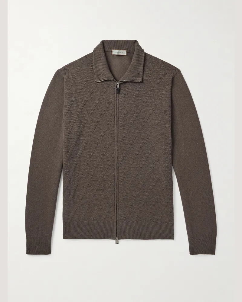 Canali Cable-Knit Wool and Cashmere-Blend Zip-Up Cardigan Brown