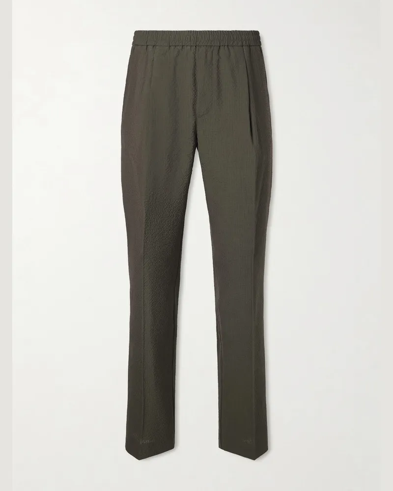 Altea Straight-Leg Pleated Wool-Blend Seersucker Trousers Green