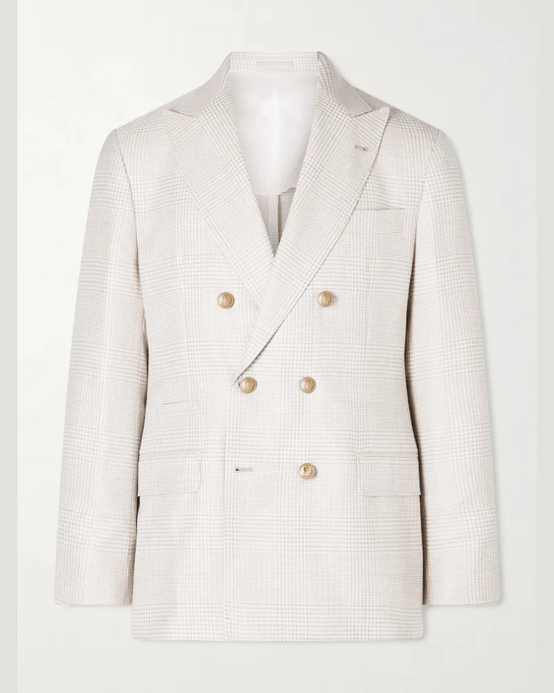 Brunello Cucinelli Double-Breasted Prince of Wales Checked Wool-Blend Blazer Neutrals