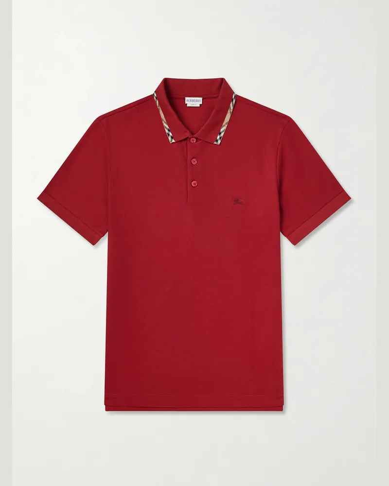 Burberry Logo-Embroidered Checked Cotton-Piqué Polo Shirt Red