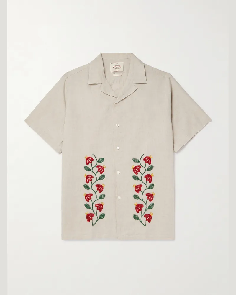 Portuguese Flannel Branch Convertible-Collar Embroidered Linen and Cotton-Blend Shirt Neutrals