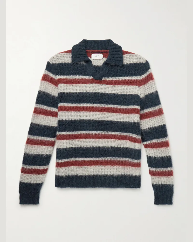 MR P. Gestreifter Pullover aus einer Alpakawollmischung in Waffelstrick mit Polokragen Blau
