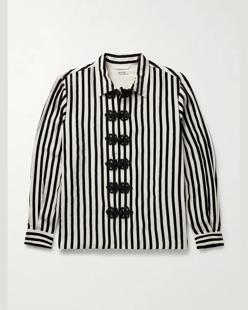 BODE Bannister gestreiftes Hemd aus Seide mit Posamenten und Samtbesatz Weiß