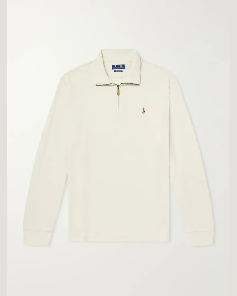 Ralph Lauren Logo-Embroidered Ribbed Cotton Half-Zip Sweater Neutrals