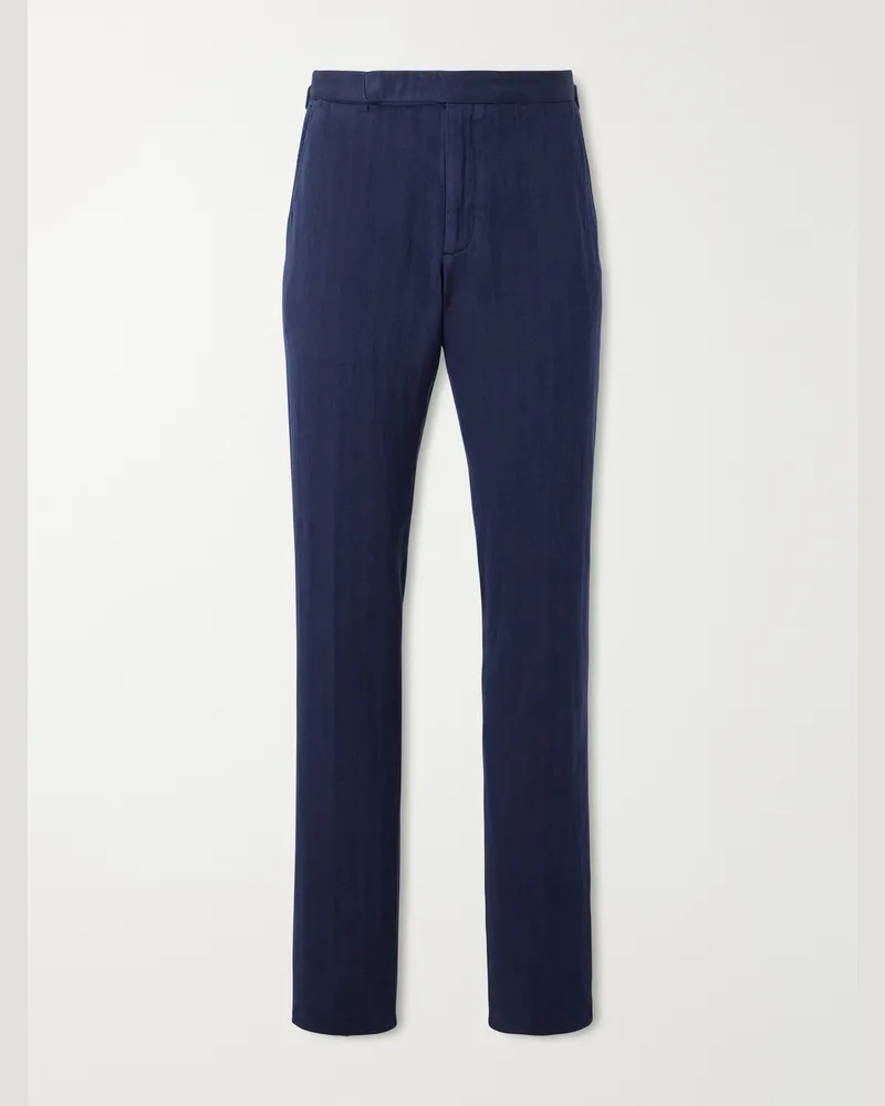 Ralph Lauren Gregory Straight-Leg Herringbone Cotton and Linen-Blend Trousers Blue