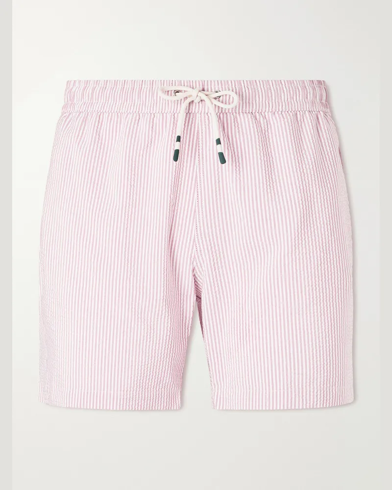 Hartford Straight-Leg Mid-Length Striped Seersucker Swim Shorts Red