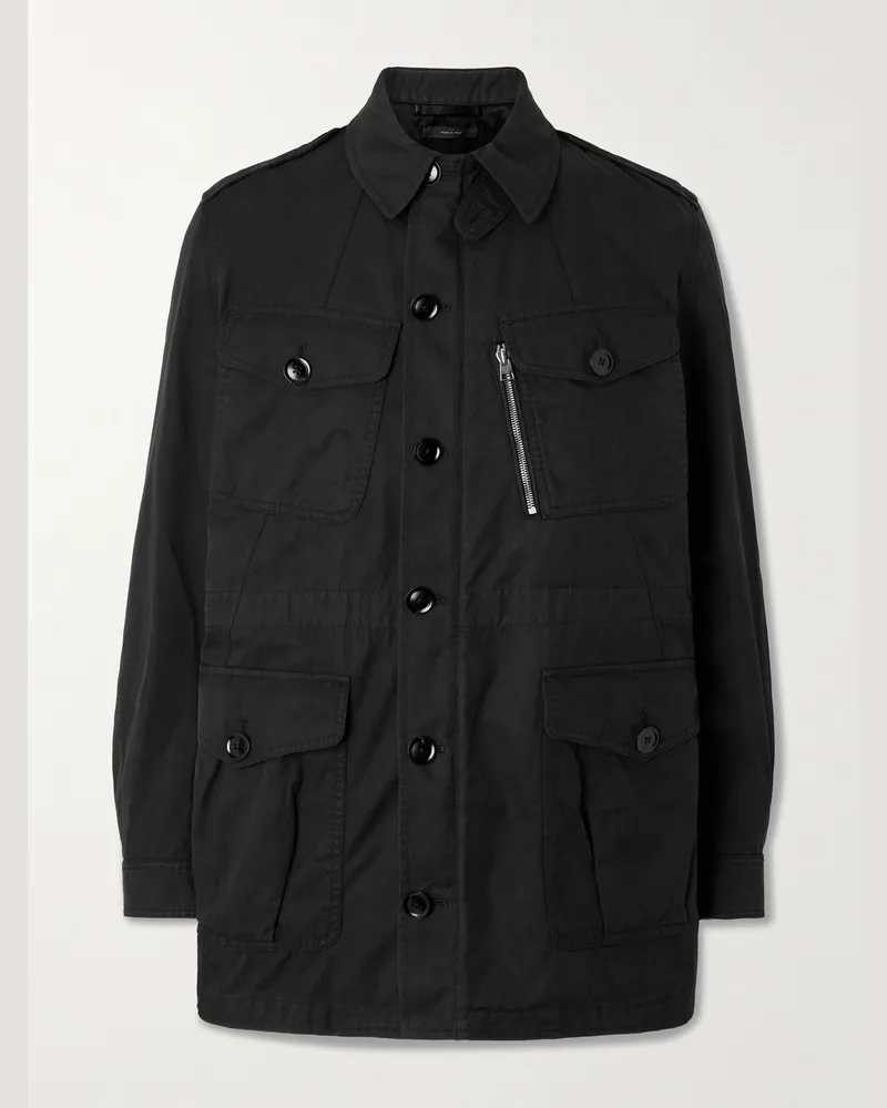 Tom Ford Feldjacke aus Baumwoll-Twill mit Lederbesatz Schwarz