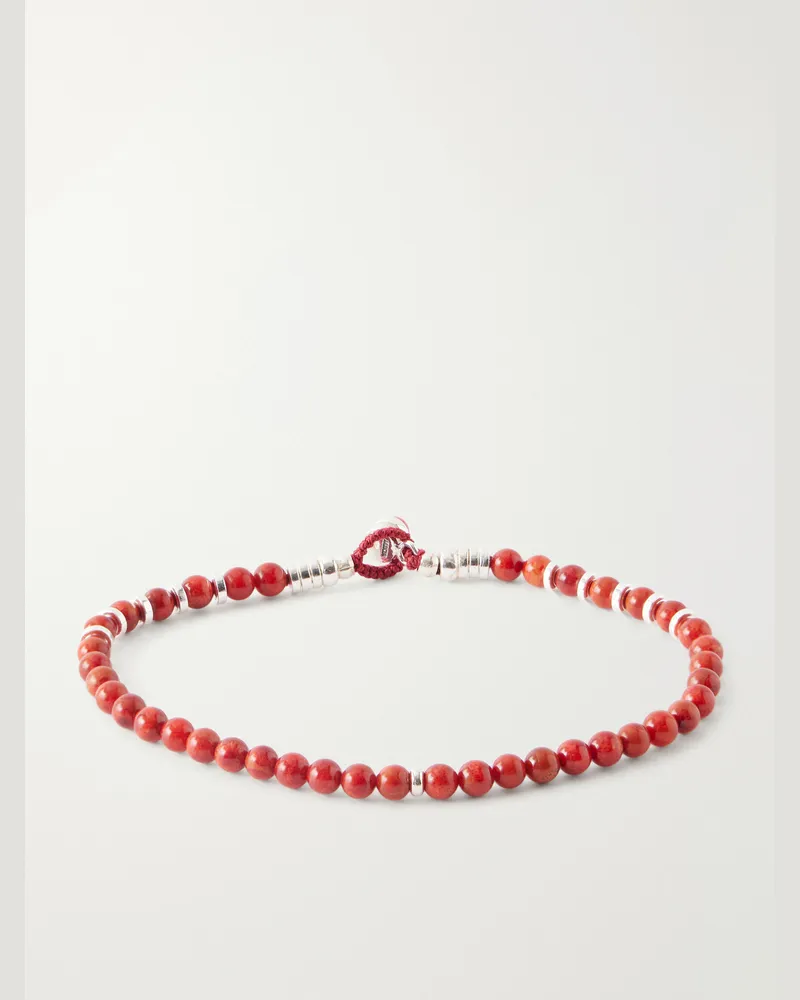Mikia Circle4 Sterling Silver and Coral Beaded Bracelet Red