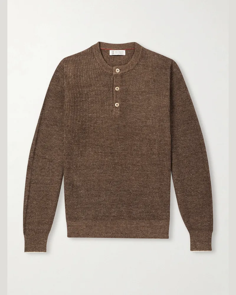 Brunello Cucinelli Ribbed Linen and Cotton-Blend Henley Sweater Brown