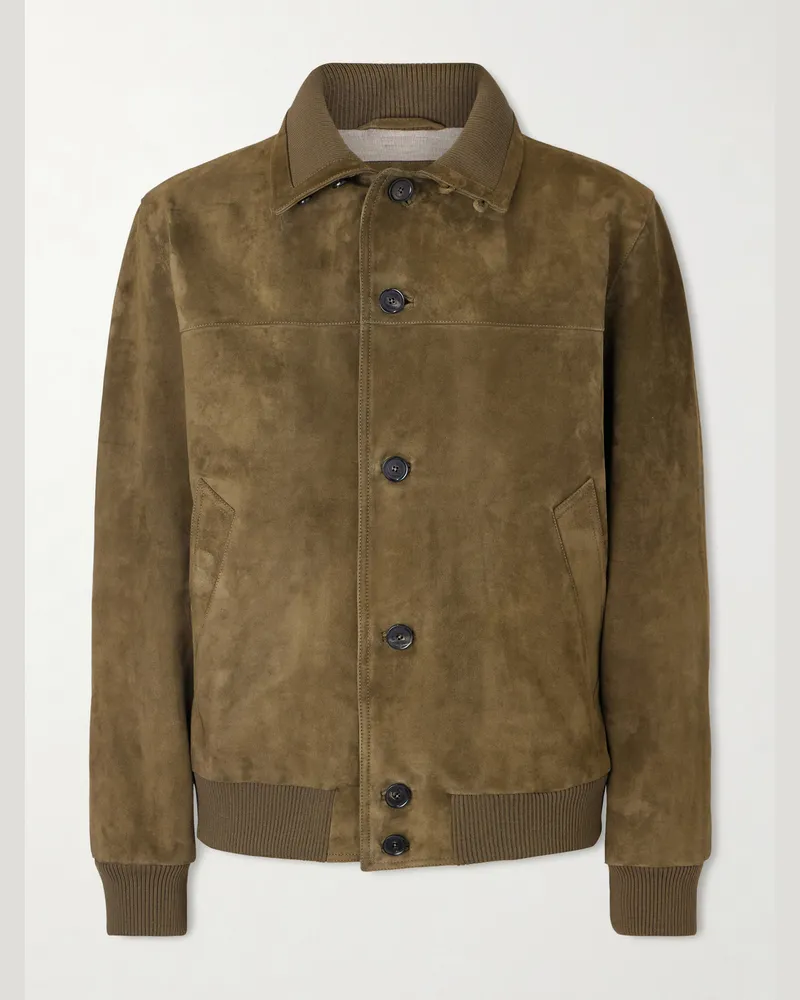 Loro Piana Ribbed Knit-Trimmed Suede Bomber Jacket Brown