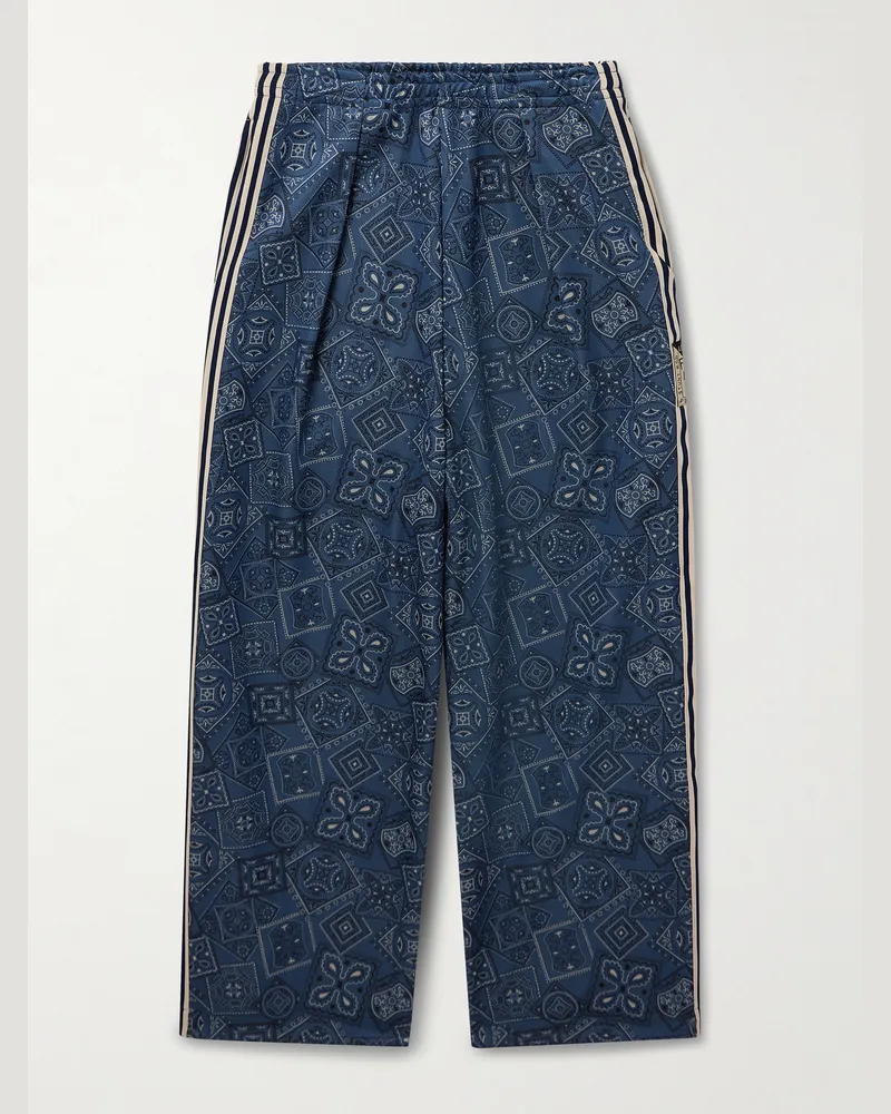 KAPITAL Wide-Leg Striped Webbing-Trimmed Bandana-Print Tech-Jersey Track Pants Blue