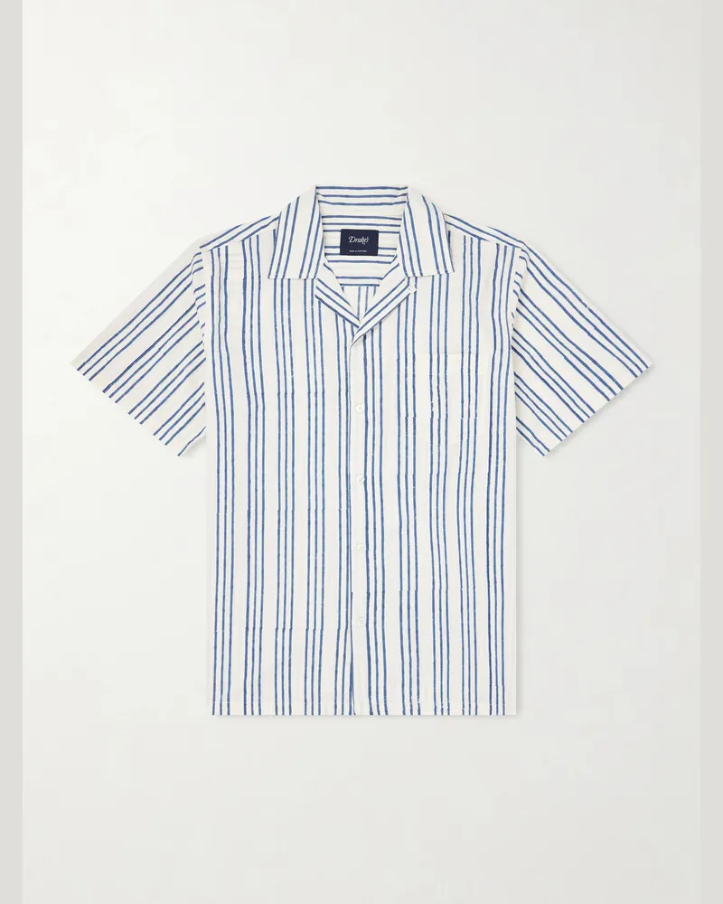 Drake's Camp-Collar Striped Cotton-Poplin Shirt Blue