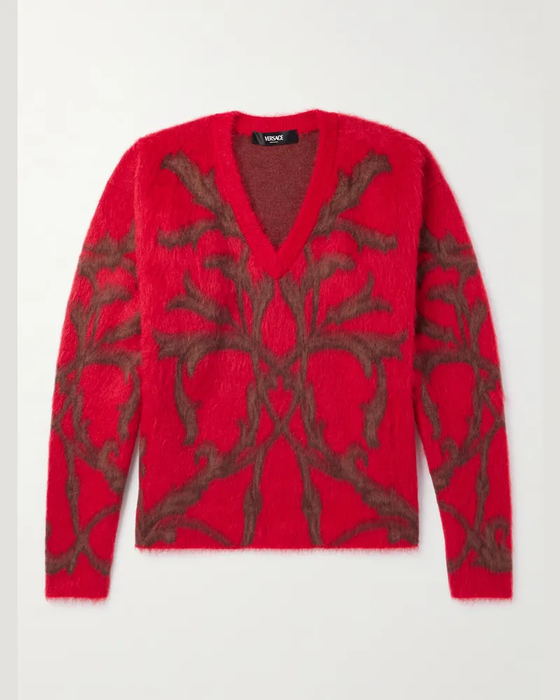 Versace Barocco Pullover aus gebürstetem Jacquard-Strick aus einer Mischung aus Wolle, Seide und Mohair Rot