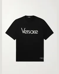 Versace T-Shirt aus Baumwoll-Jersey mit Logostickerei und Applikation Schwarz