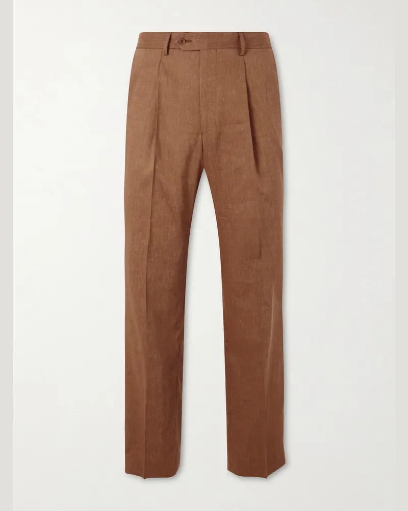 Frescobol Carioca Affonso Pleated Straight-Leg Linen and Virgin Wool-Blend Suit Trousers Brown