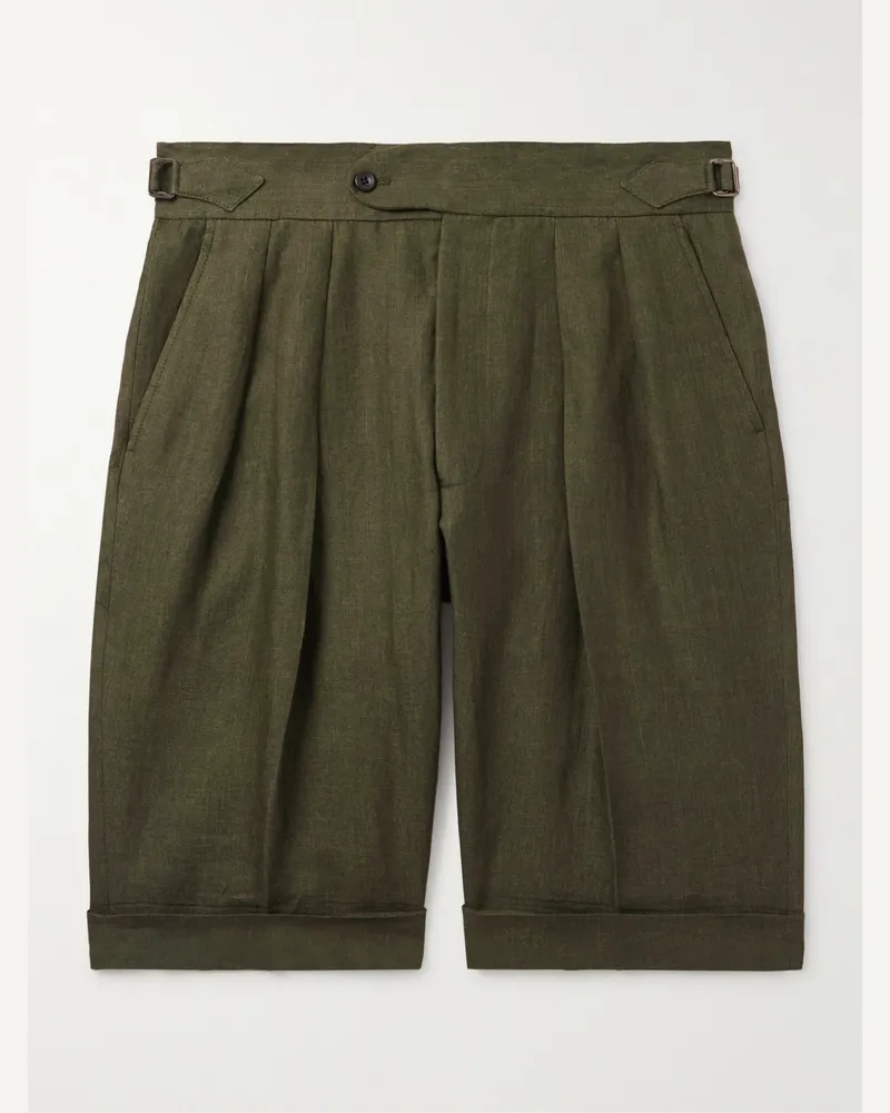 Richard James Hepworth 2 gerade geschnittene Shorts aus Leinen mit Falten Grün